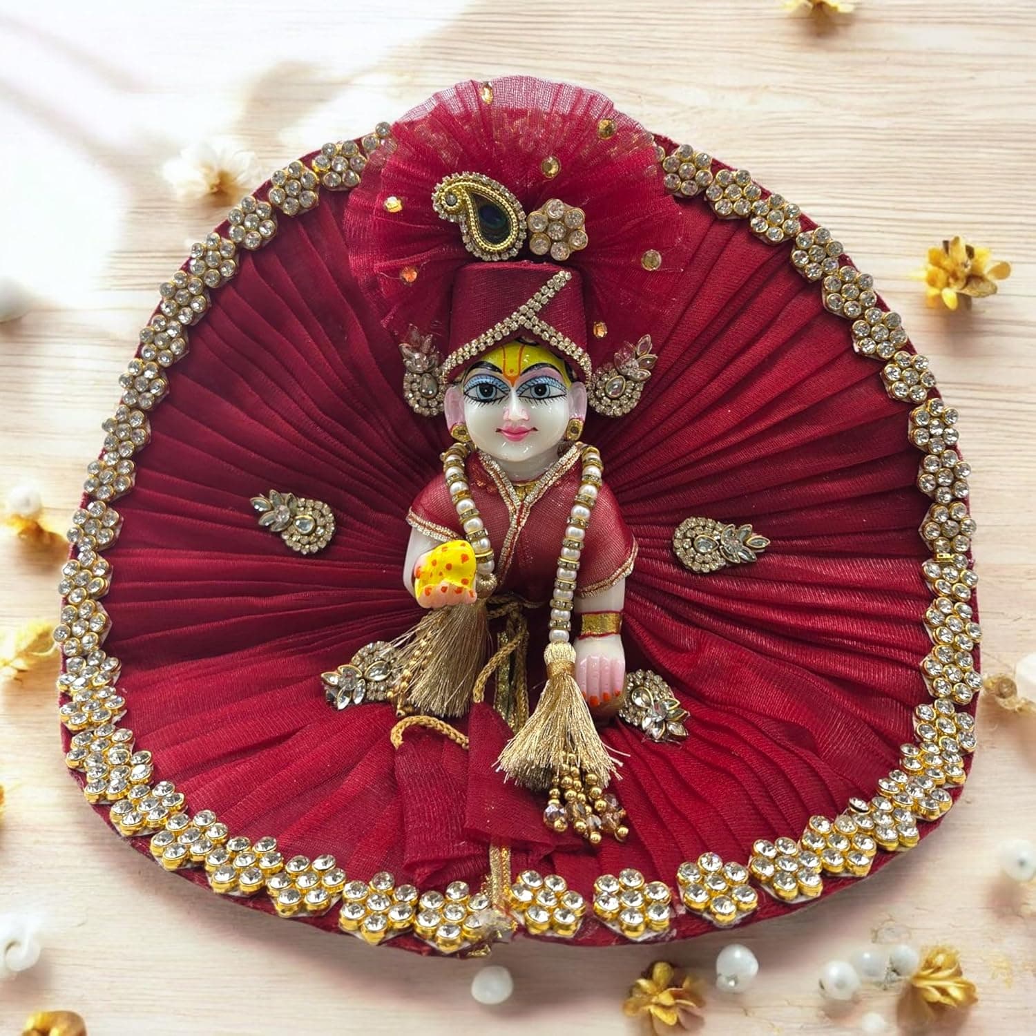 Janmashtami Special Maroon & Golden Laddu Gopal Poshak Set – Premium Dress with Golden Patchwork, Pagdi, Patka & Choli for Kanha Ji/Krishna Ji/Thakur Ji (Size No- 04)